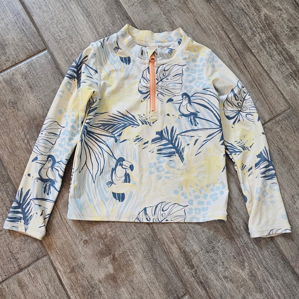 RuffleButts Rash Guard Kids Size 5 Blue Yellow Tropical Toucan Long Sleeve‎ Zip